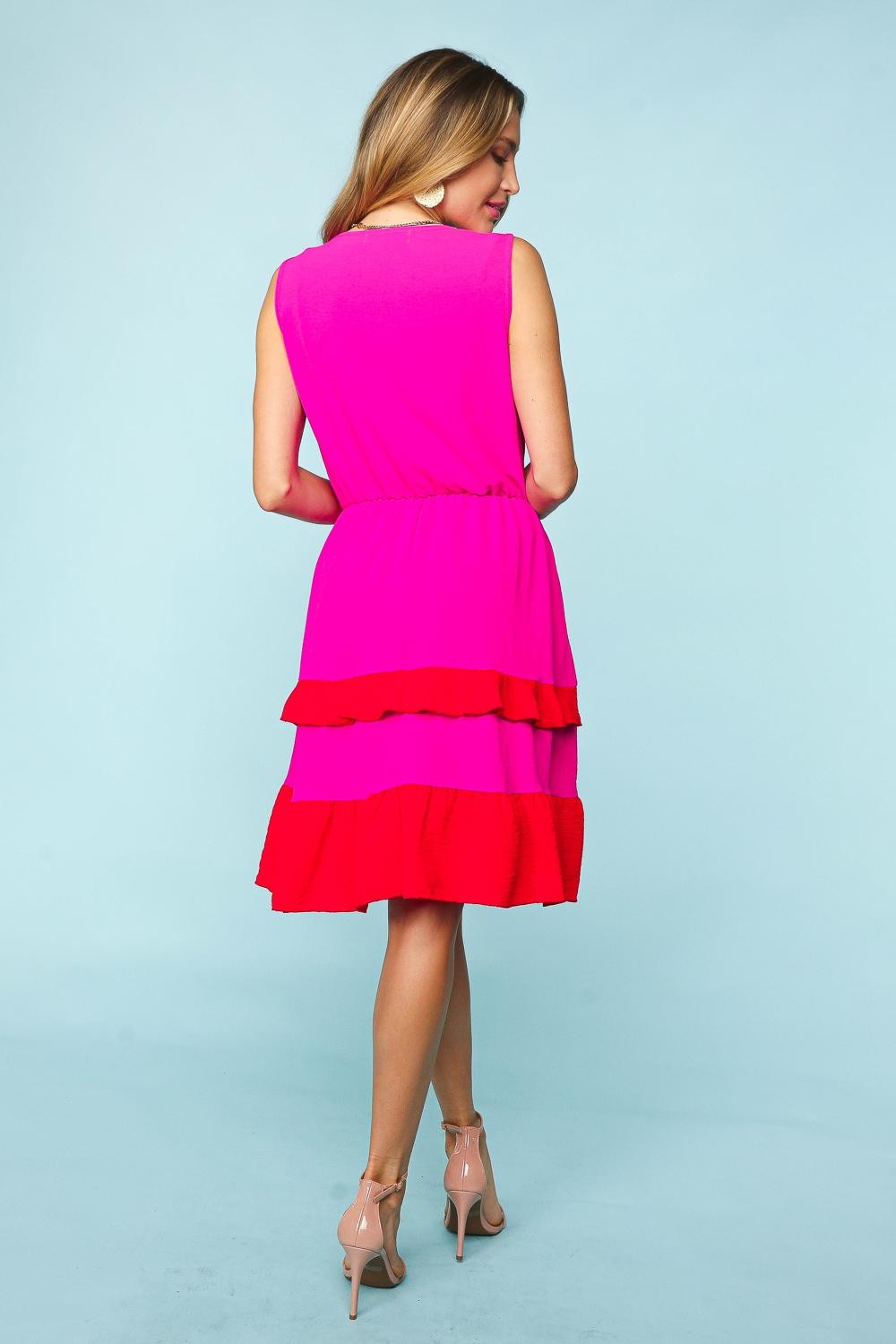 Haptics Fuchsia Ruffle V Neck Crepe Tiered Midi Dress