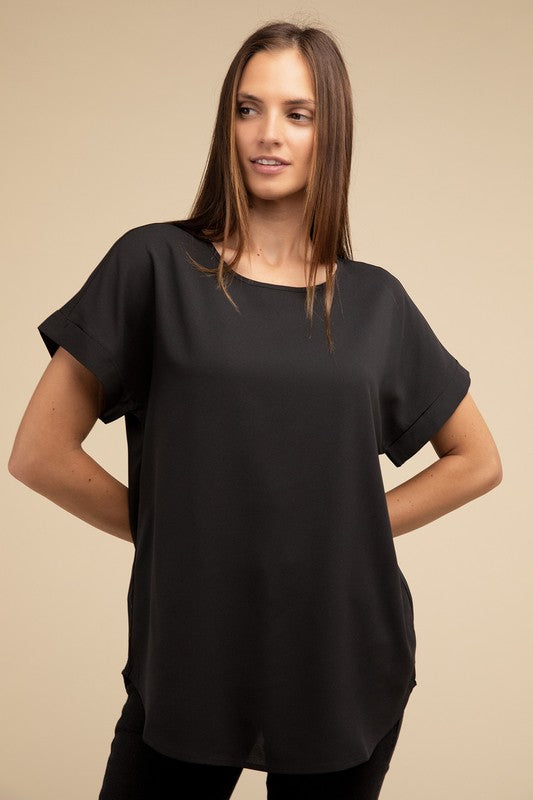 Zenana Woven Heavy Dobby Rolled Sleeve Boat Neck Top ZENANA