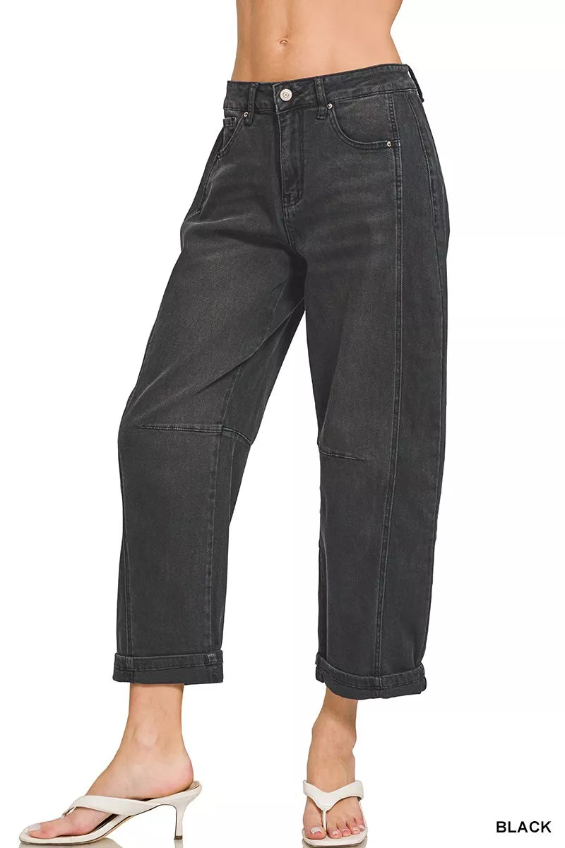 Zenana Black High Rise Barrel-Leg Cropped Jeans BLACK