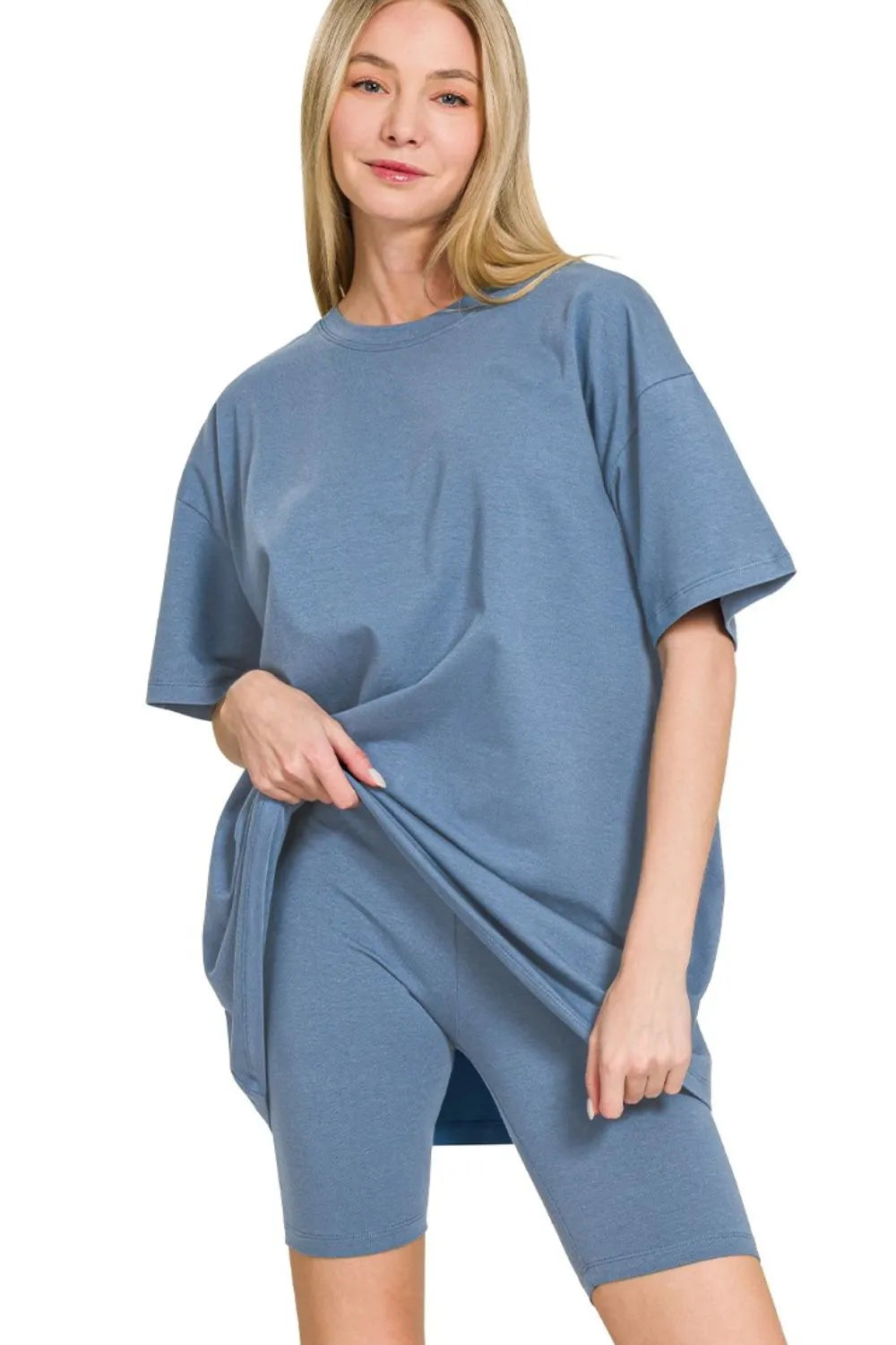 Zenana Dusty Blue Cotton Round Neck Top & Biker Shorts DUSTY BLUE
