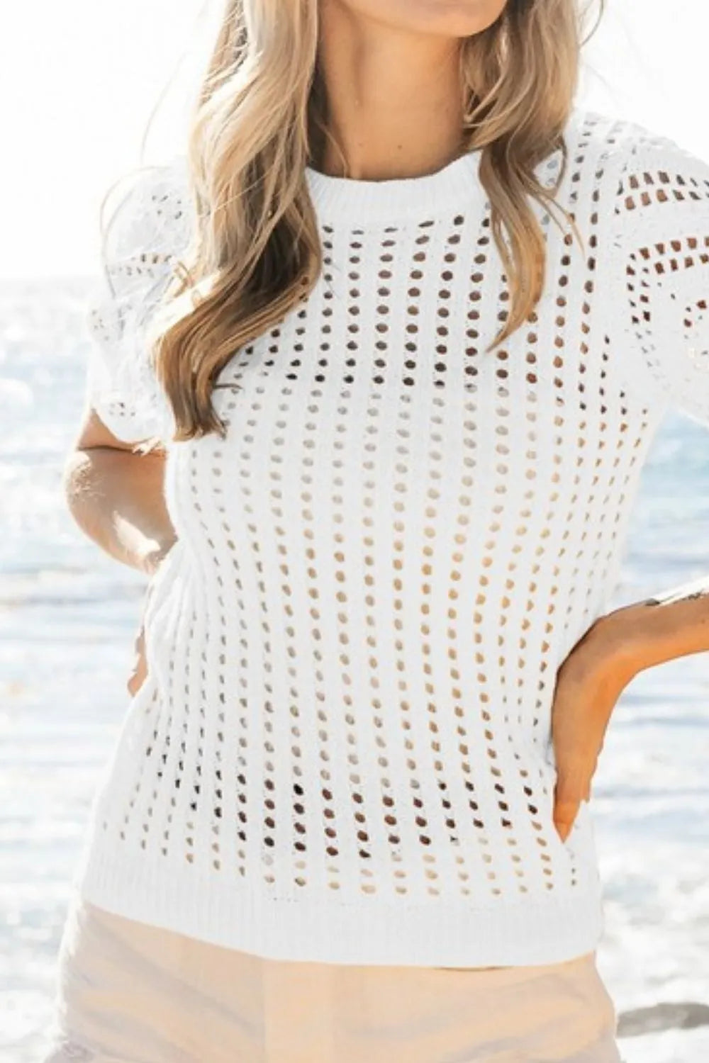 BiBi Off White Crochet Knit Top With Puff Sleeves