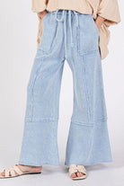 SAGE + FIG Light Blue Waffle Textured Wide Leg Mineral Washed Pants Light Blue