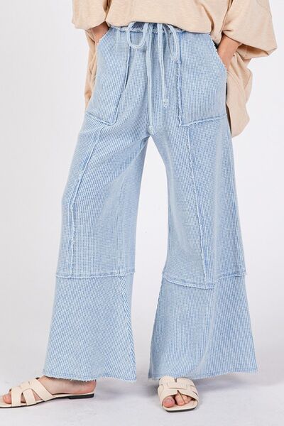 SAGE + FIG Light Blue Waffle Textured Wide Leg Mineral Washed Pants Light Blue