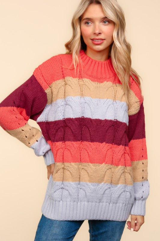 Haptics Rust Multicolor Stripe Cable Knit Mock Neck Sweater Shirts & Tops