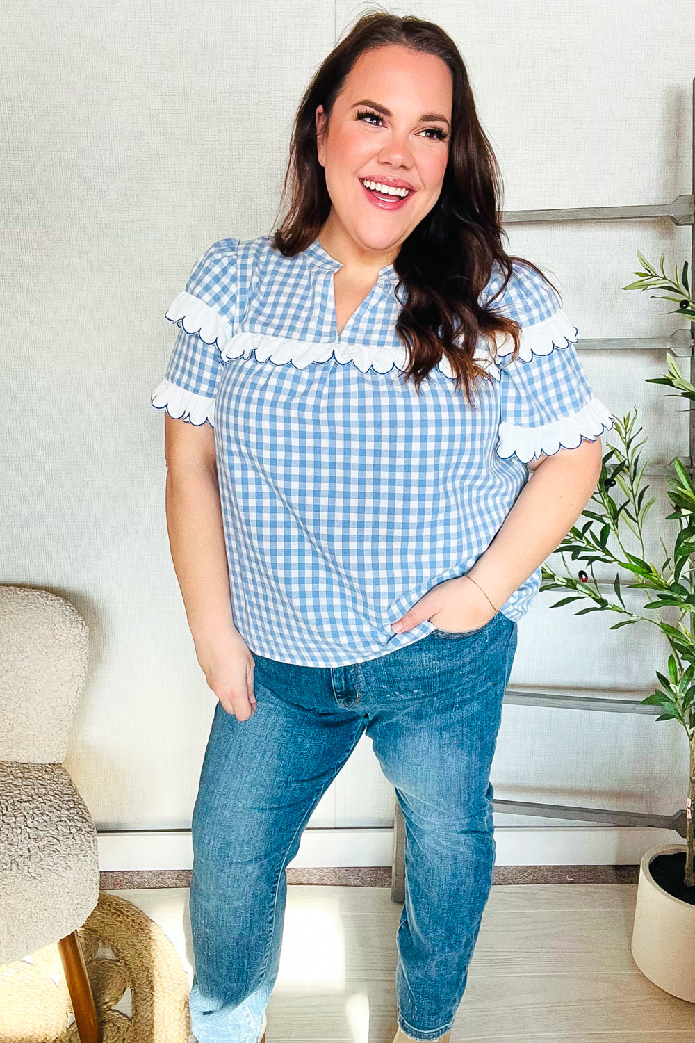 Haptics Cotton Blue Gingham Shirred Mock Neck Top Shirts & Tops