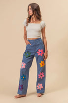 BiBi Flower Print Straight Legs Denim Pants