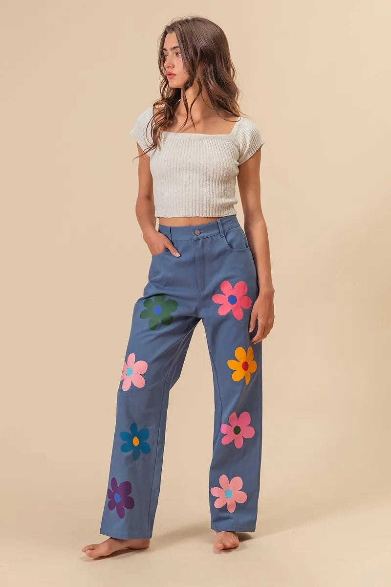 BiBi Flower Print Straight Legs Denim Pants