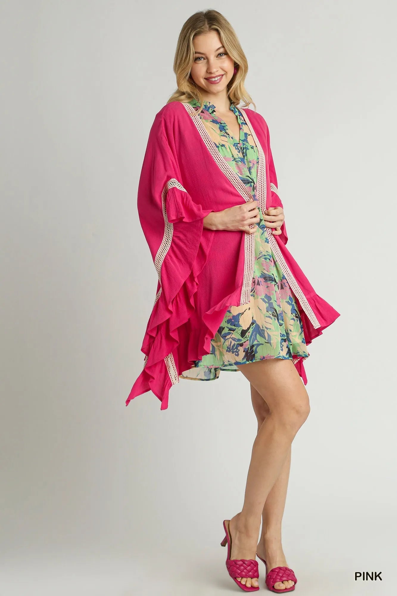 Umgee Pink Ruffle Trim Kimono with Crochet Accent