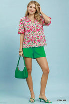 Umgee Pink Mix Floral Puff Sleeve Blouse with Scalloped Details