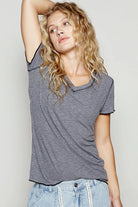 POL Charcoal V-Neck Short Sleeve Ribbed T-Shirt with Contrast Overlock Stitching