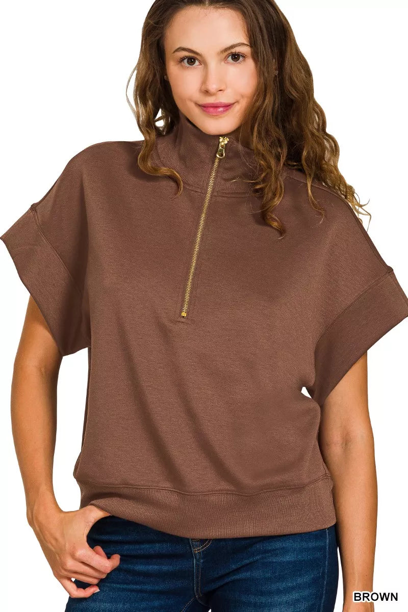Zenana Brown Scuba High Neck Half Zip Short Sleeve Top BROWN