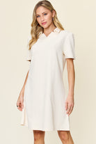 Double Take Quilted Textured Collared Neck Puff Sleeve Dress White Trendsi