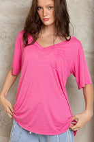 POL Flamingo Pink Slub Knit V-Neck Short Sleeve T-Shirt Flamingo Pink Trendsi