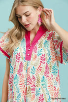 Umgee Tea Berry mix Leaf Print Flutter Sleeve Tiered Mini Dress