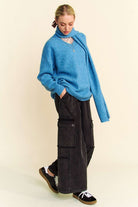 Davi & Dani Cerulean V-Neck Dropped Shoulder Sweater with Scarf Trendsi