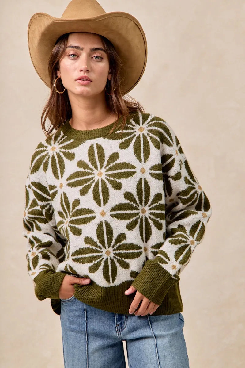 BiBi Olive & Ivory Flower Pattern Long Sleeve Sweater