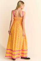 Davi & Dani Geo Two Tone Printed Wavi Trim Tiered Maxi Dress