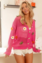 BiBi Fuchsia Flower Patches Open Knit Sweater Cardigan