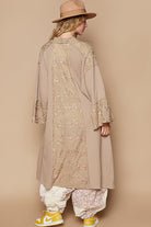 POL Flower Lace Trim Open Front Longline Cardigan in Khaki Shirts & Tops