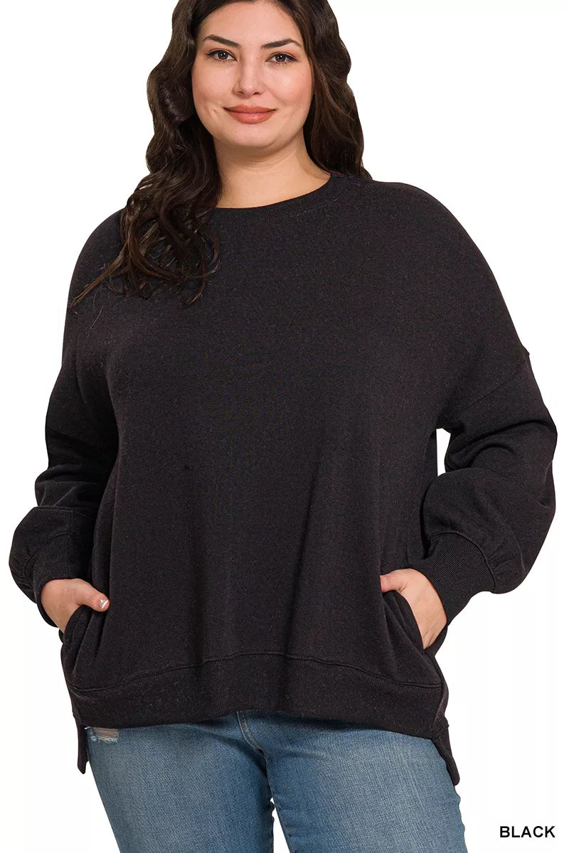 Zenana Black Fleece Hi-low Boyfriend Sweatshirts with Pockets