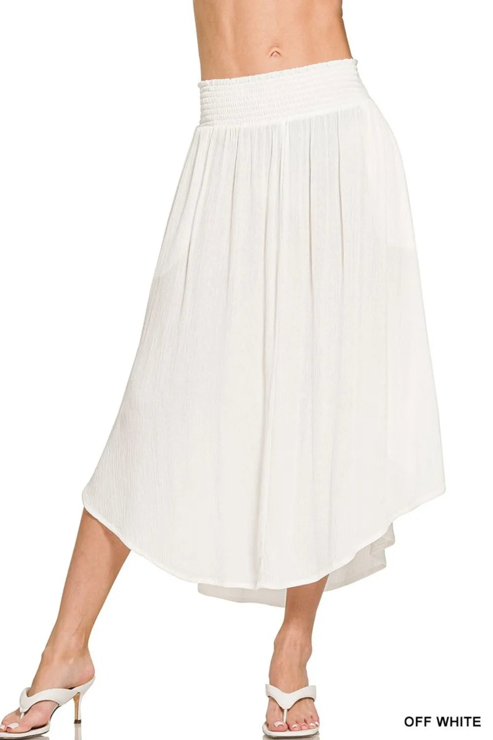 Zenana Light Gray Woven Crinkle Smocked Waist Maxi Skirt W Pockets