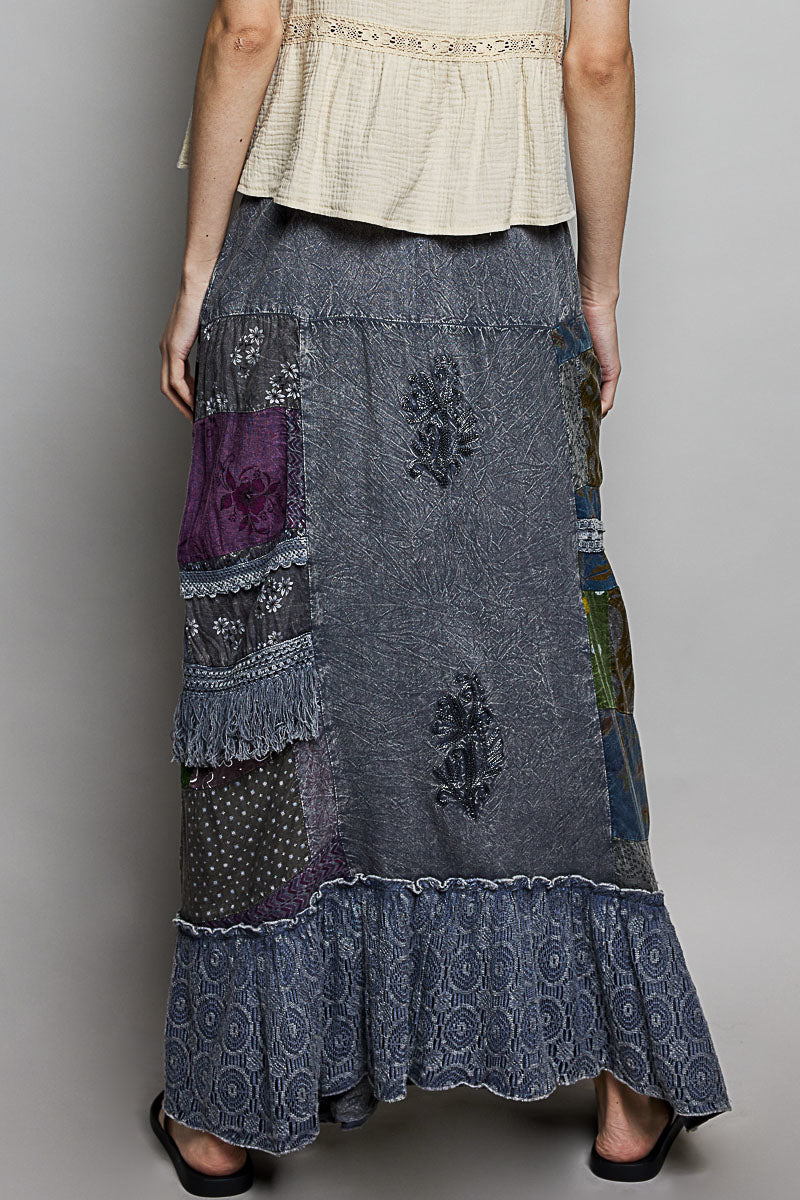 POL Charcoal Multi Printed Patchwork Embroidered Ruffled Bohemian Skirt