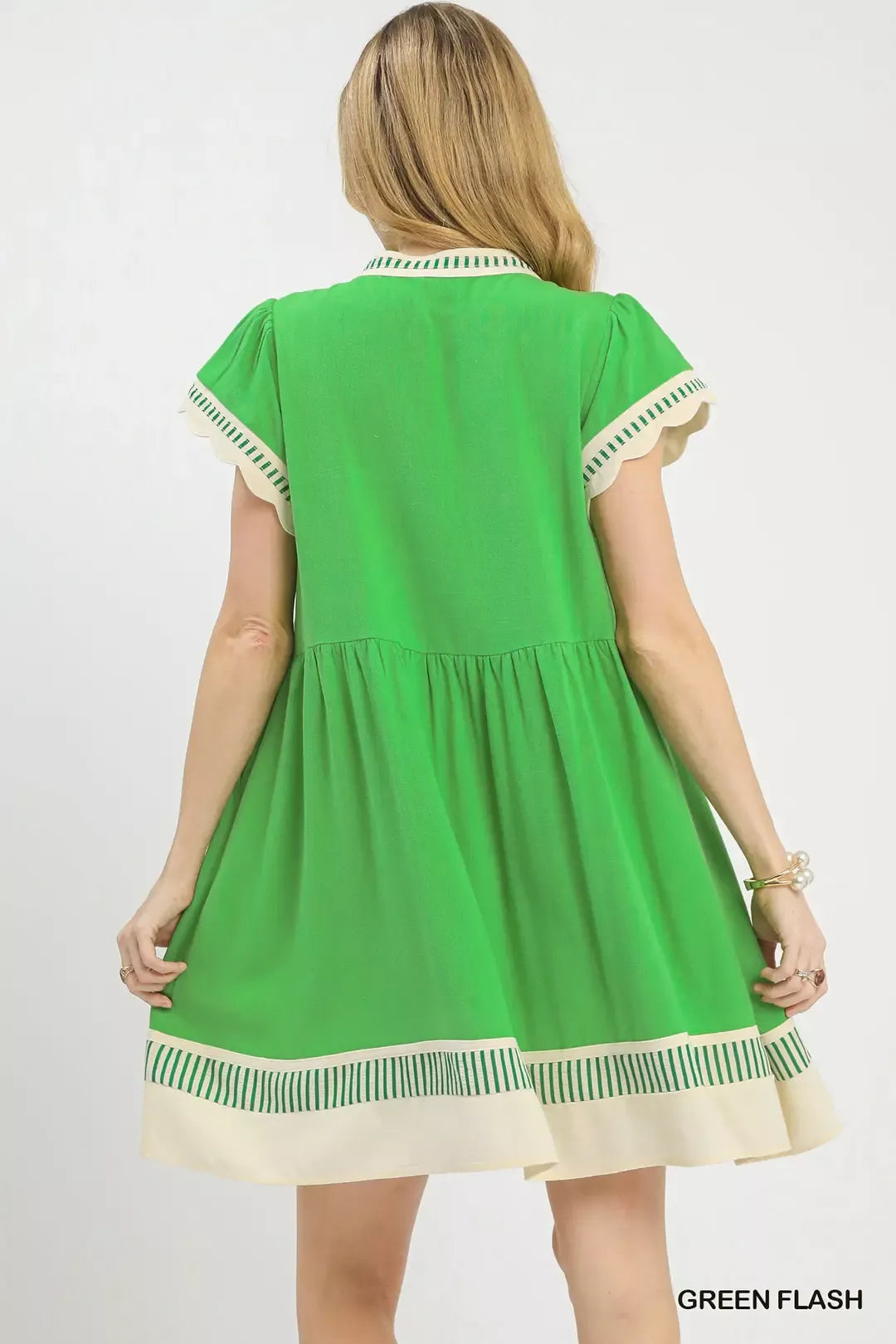 Umgee Green Linen Color Block Flutter Sleeve Dress
