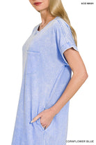 Zenana Cornflower Blue Acid Washed Exposed Seam Short Sleeve T-Shirt Dress
