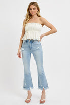 RISEN Raw Hem Distressed Cropped Flare Jeans Plus Size