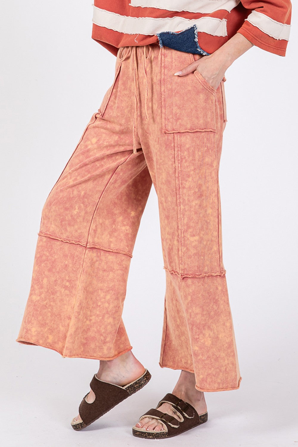 SAGE + FIG Raspberry Mineral Washed Terry Wide Leg Pants Trendsi