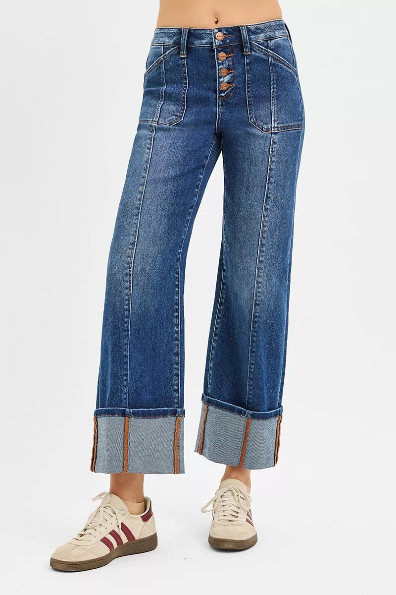 RISEN Dark Washed High Rise Crop Wide Straight Cuffed Jeans DARK