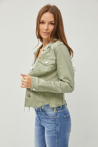 RISEN Sage Raw Hem Button Up Cropped Denim Jacket