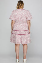 She + Sky Berry Printed V-Neck Puff Sleeve Tiered Dress