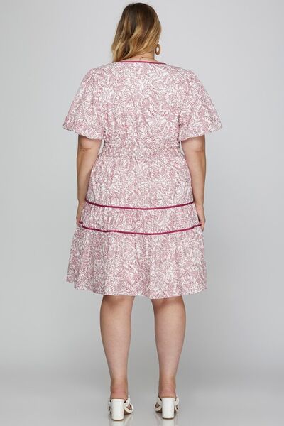 She + Sky Berry Printed V-Neck Puff Sleeve Tiered Dress