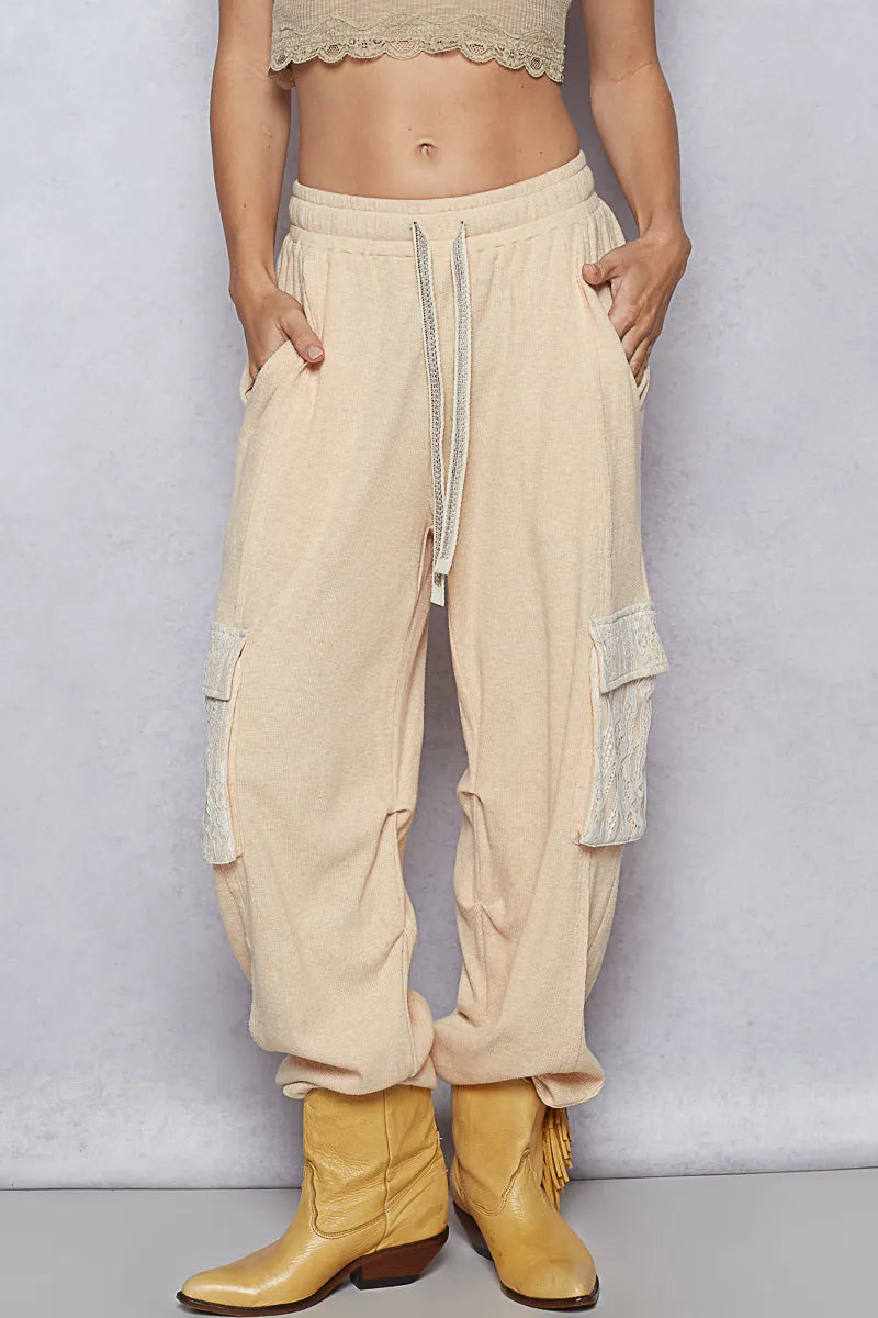 POL Apricot Contrast Lace Overlay Pocket Patch Thermal Knit Joggers APRICOT