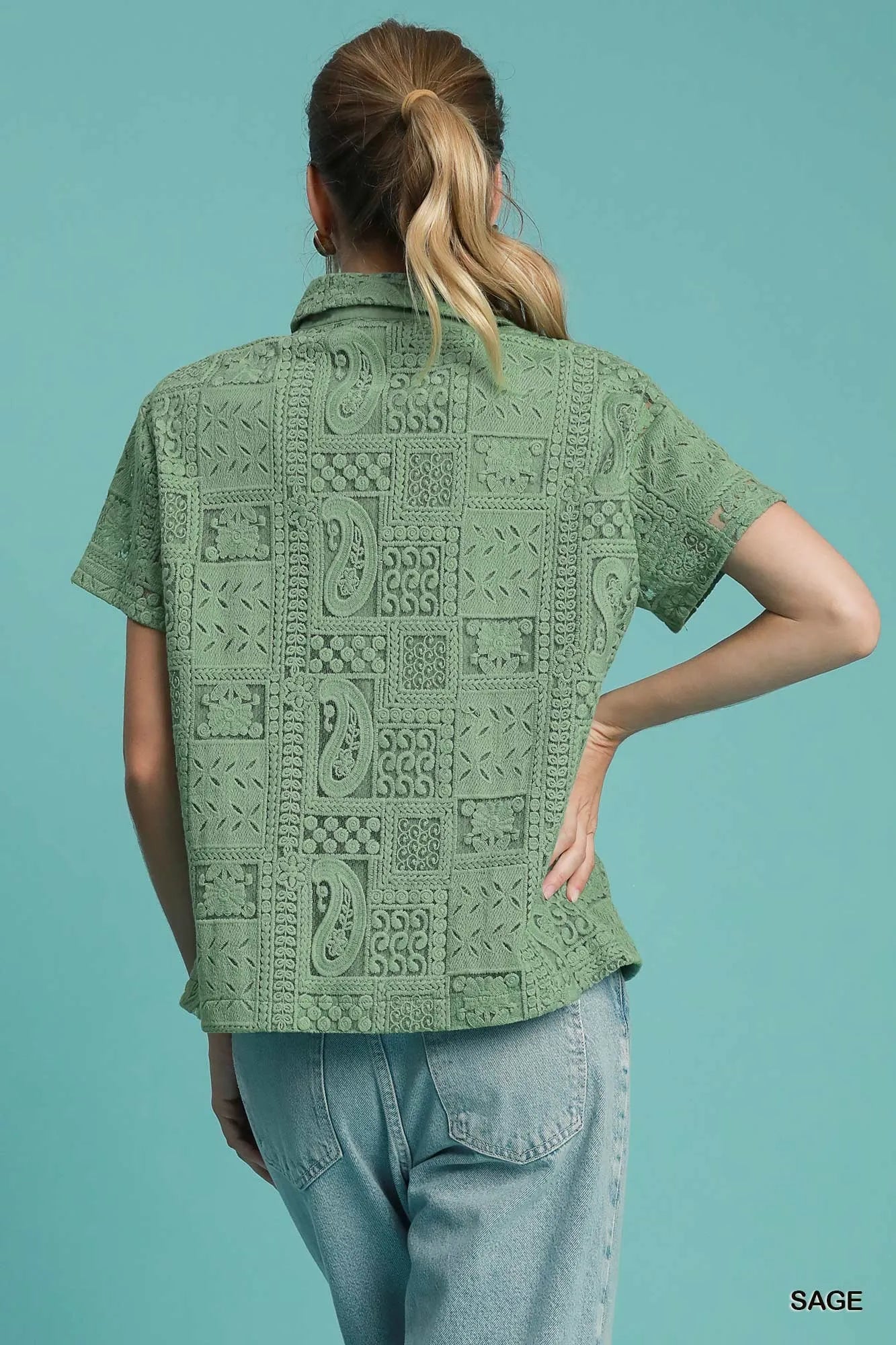 Umgee Sage Patch Lace Short Sleeve Button Down Shirt