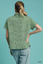 Umgee Sage Patch Lace Short Sleeve Button Down Shirt
