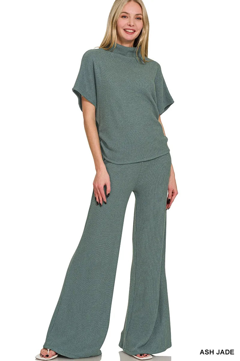 Zenana Ash Jade Mock Neck Top and Pants Sweater Set