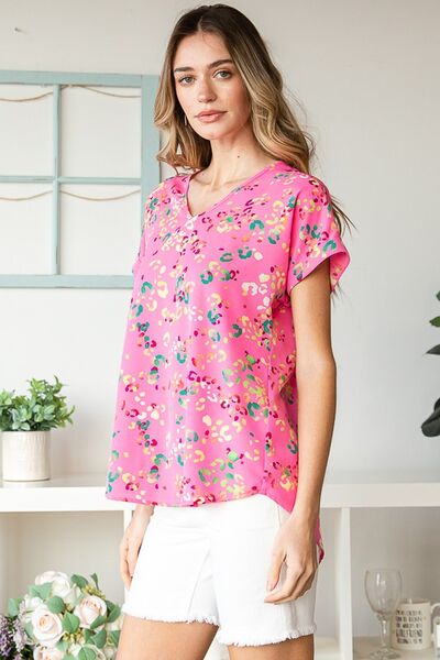 Heimish Pink Multi Color Animal print V-Neck Short Sleeve Blouse