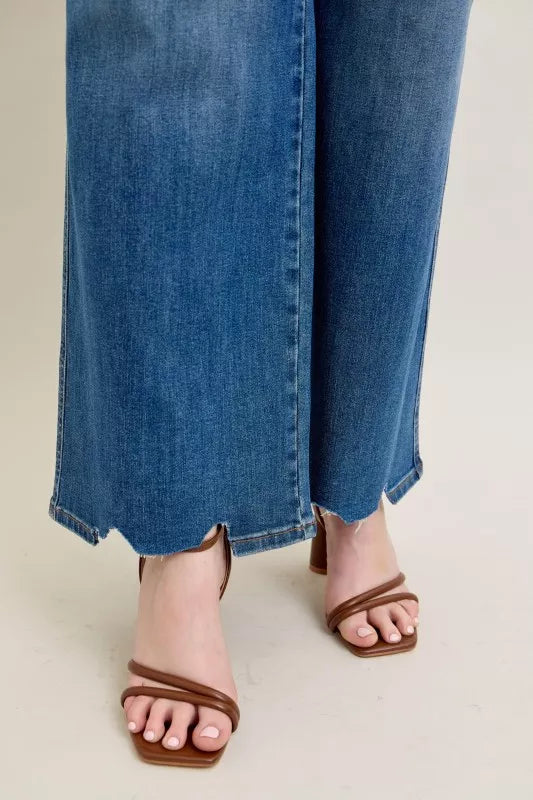 Judy Blue Medium Washed High Waist Tummy Control Chew Hem Destroyed Wide Jeans