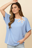 Haptics Light Blue Floral Shape Detail With O Ring Dolman Top