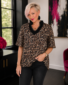 Haptics Sassy Season Split Neck Leopard Print Blouse Womens