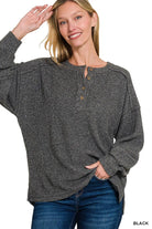 Zenana Black Ribbed Brushed Hacci Melange Henley Sweater
