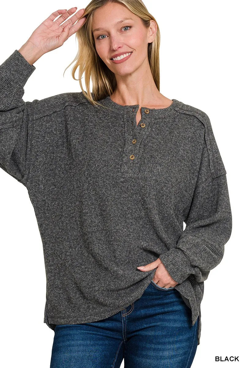 Zenana Black Ribbed Brushed Hacci Melange Henley Sweater