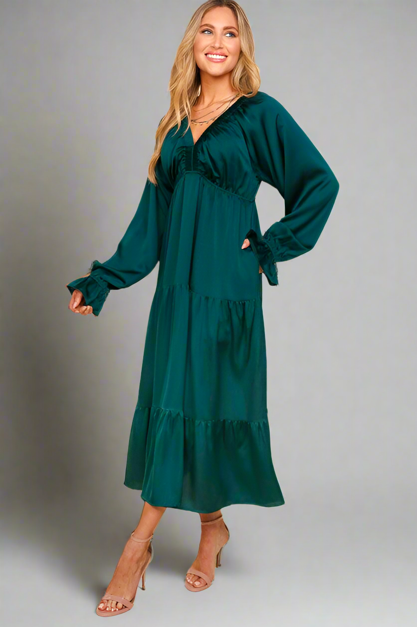 Haptics Elegant Hunter Green Elastic V Neck Tiered Satin Maxi Dress Haptics