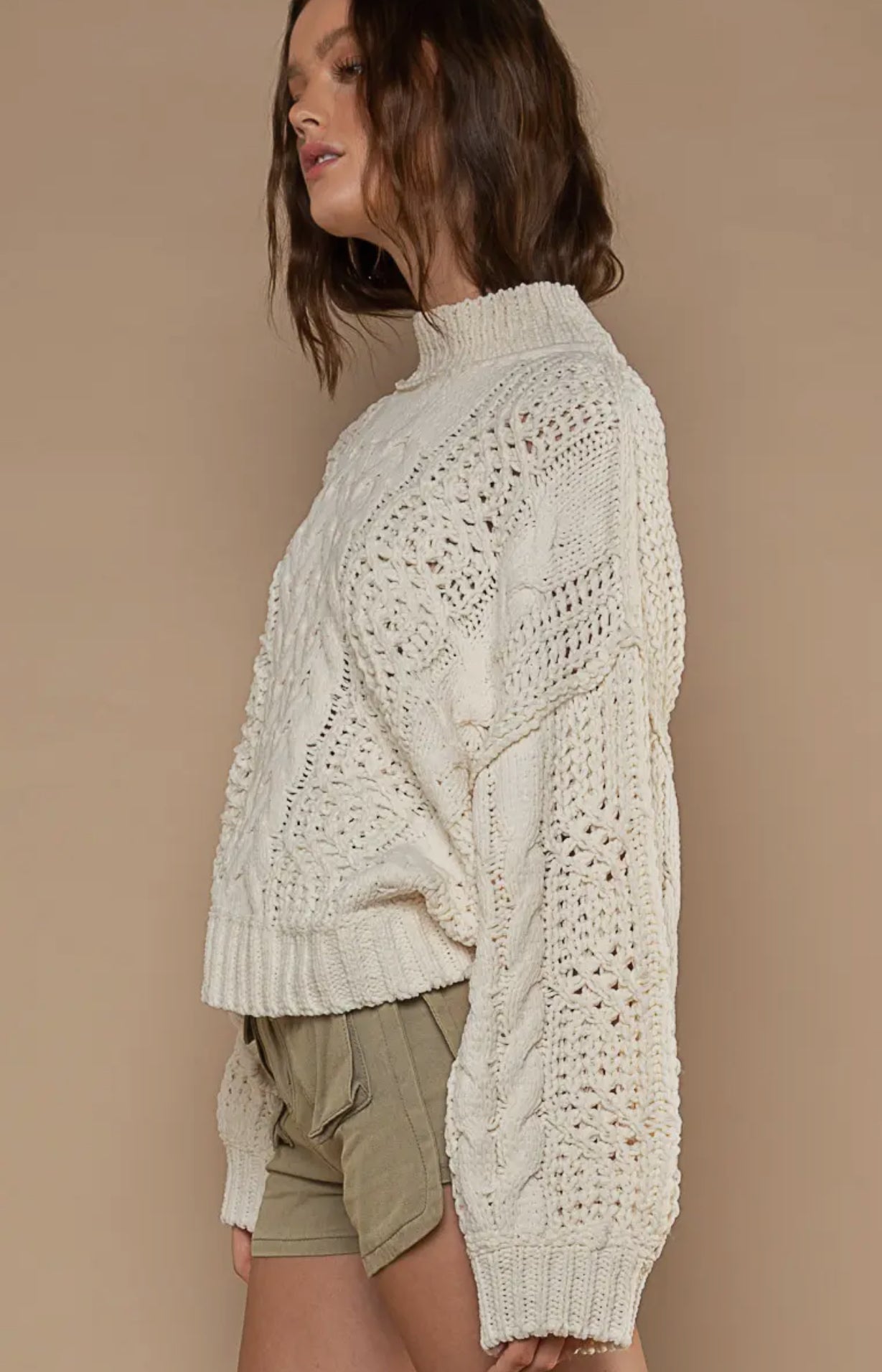 POL Cream Mock Neck Cable Knit Chenille Sweater Trendsi