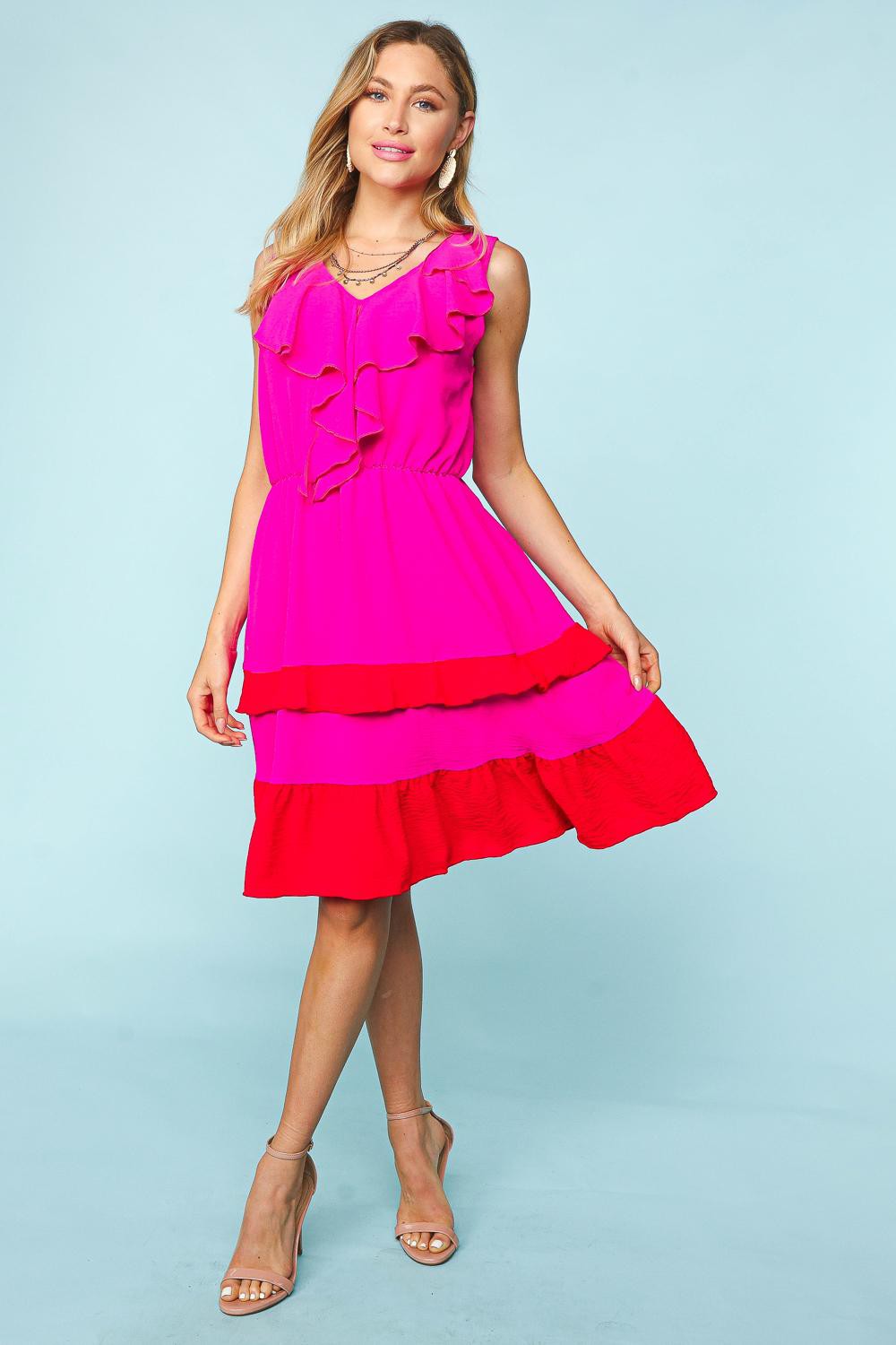 Haptics Fuchsia Ruffle V Neck Crepe Tiered Midi Dress