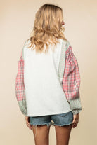 Haptics Solid Pullover Knit Top with Plaid Sleeves – Light Grey/Sage/Pink