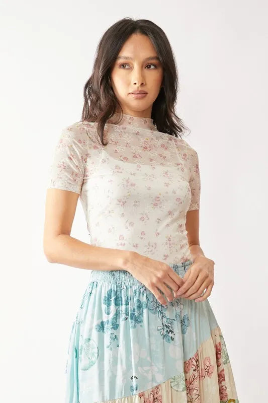 Davi & Dani Floral Mesh Mock Neck Short Sleeve Top INDIAN PINK