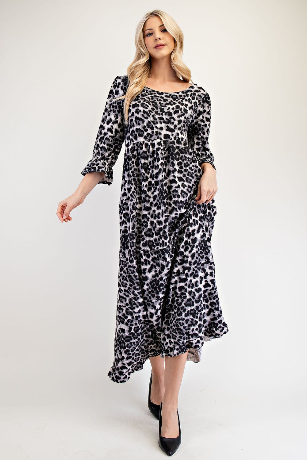 Celeste Gray Leopard Print Round Neck Flounce Sleeve Dress Dresses